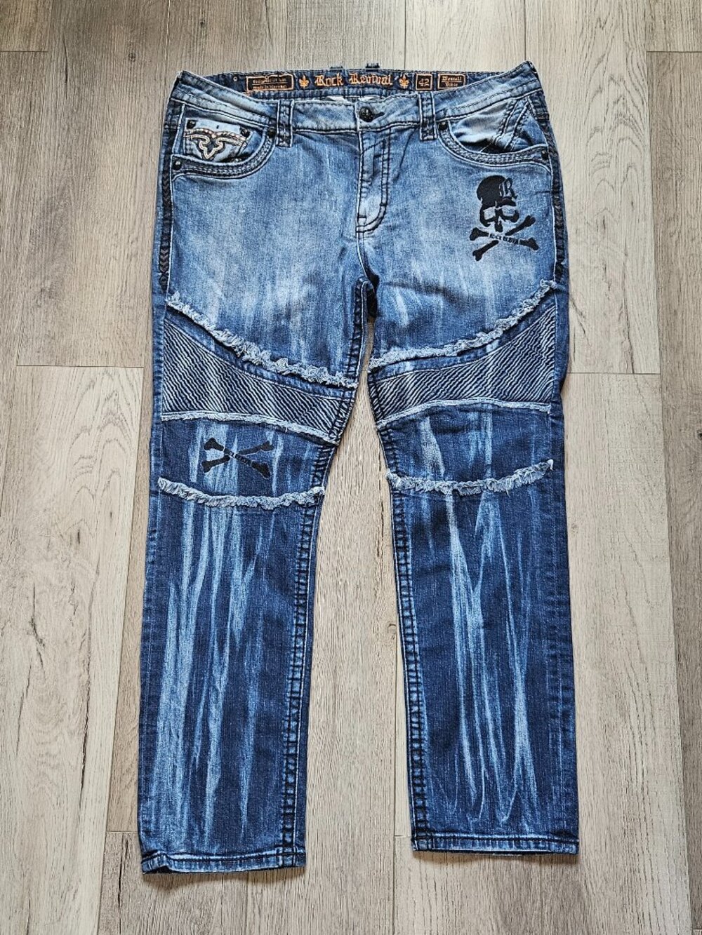 Rock Revival Montell Biker Jeans Mens 42x32 Moto Skull Zipper Denim TM2296K201